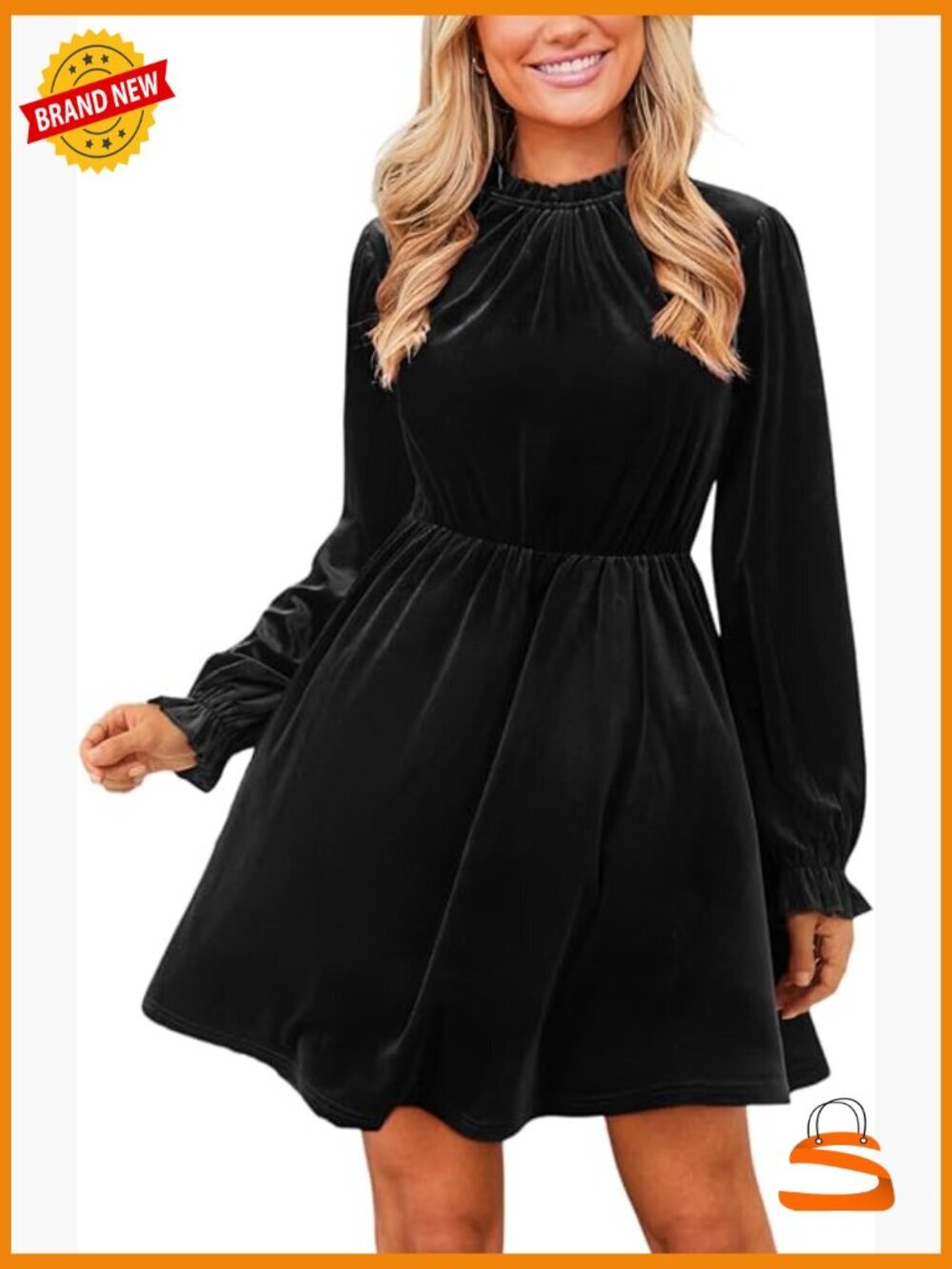 High Neck Long Sleeve Velvet Mini Dress with Ruffled Collar